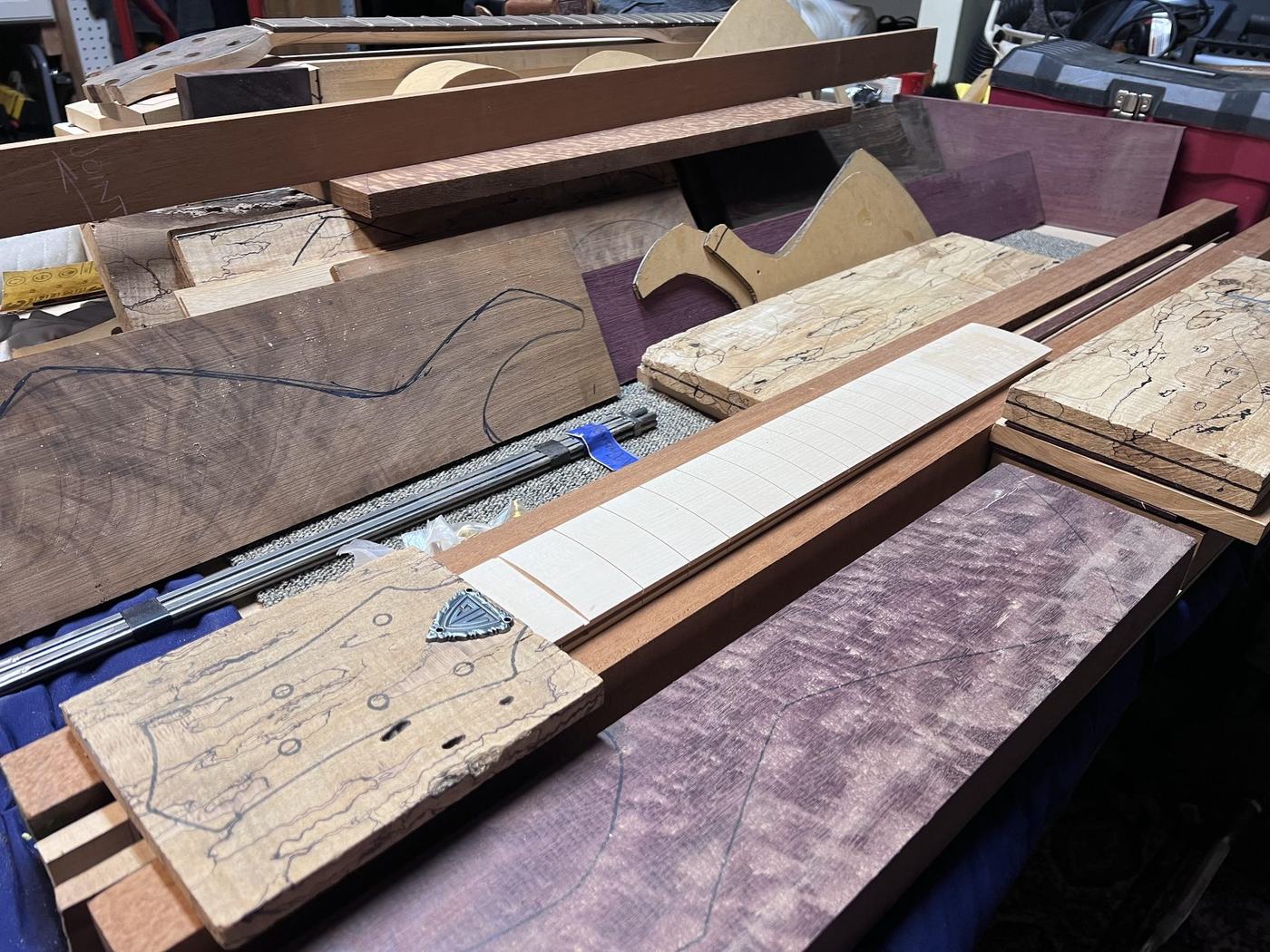 Raw tonewood blanks selected on the bench